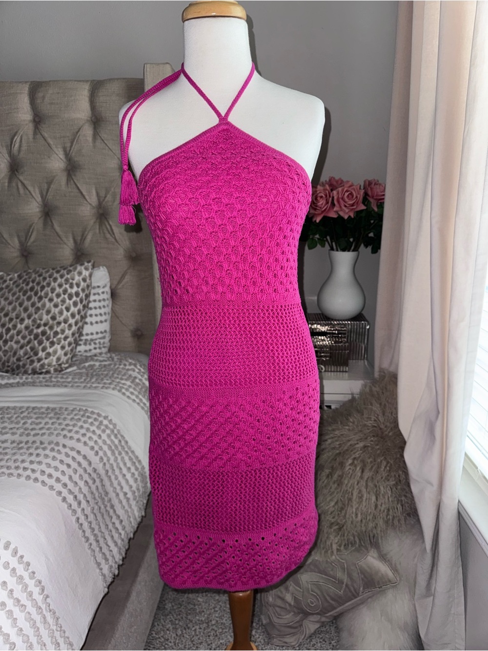 Fuchsia Crochet Halter Dress - Women's
